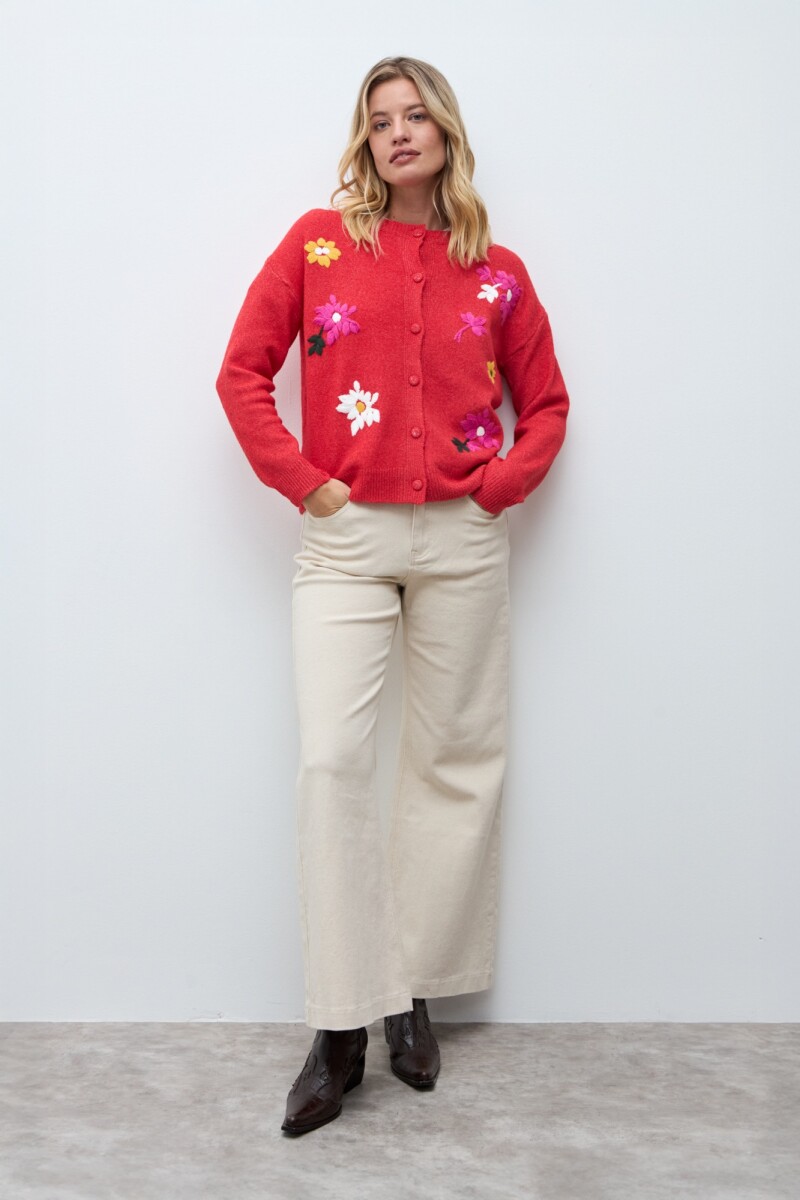 Cardigan bordado floral multicolor rojo