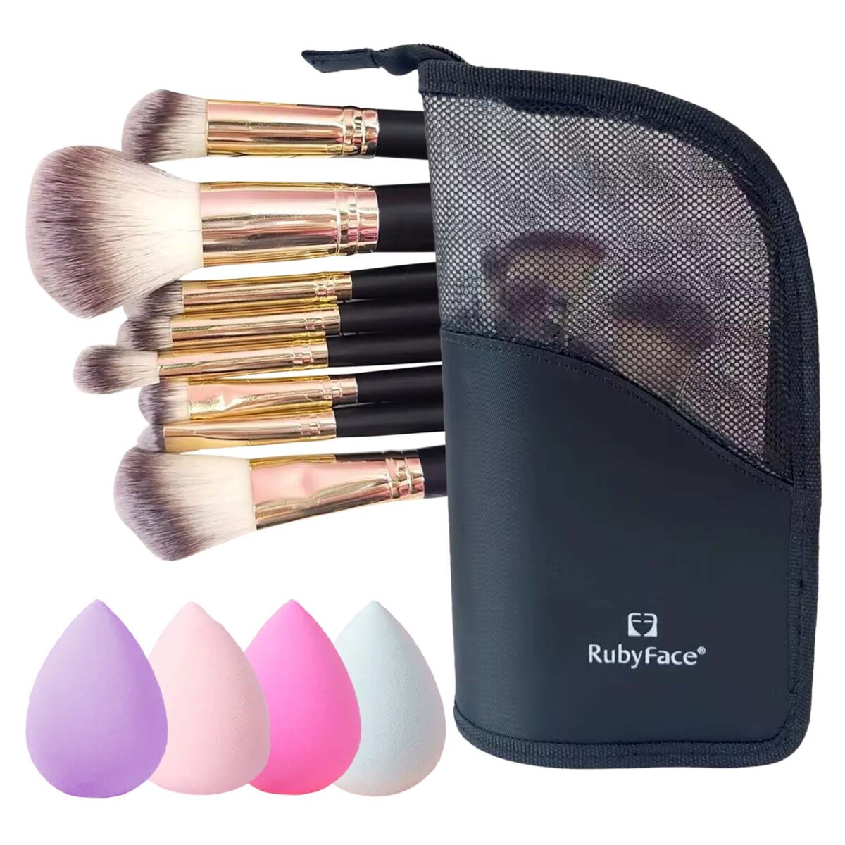 Set Maquillaje 10 Brochas Pinceles con Estuche + Esponjas - Negro 