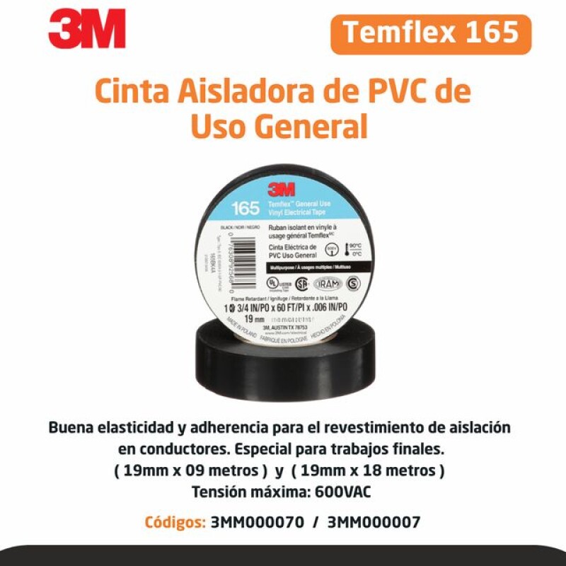 CINTA AISLADORA TEMFLEX 165 NEGRO 19MM X 9M - 3M CINTA AISLADORA TEMFLEX 165 NEGRO 19MM X 9M - 3M