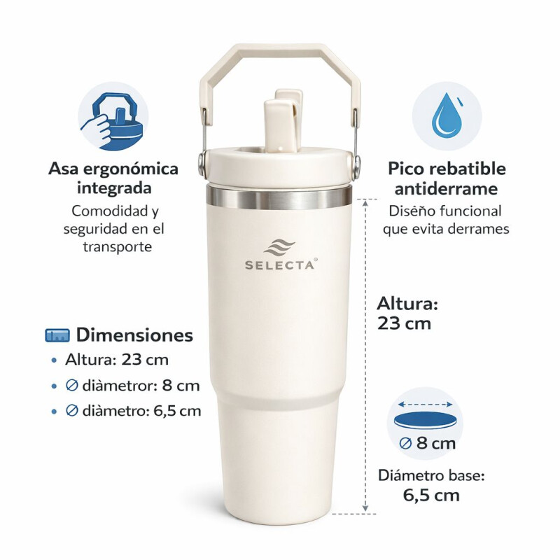 Botella Térmica 900 ml Acero Inoxidable Frío y Calor con Sorbete y Asa Blanco