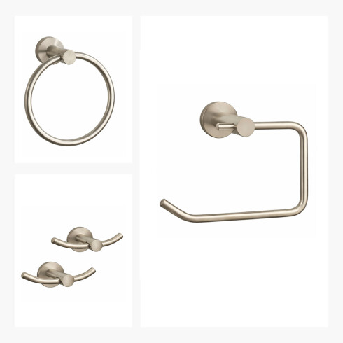 SET DE ACCESORIOS INCLUYE 2 PERCHAS DOBLES,PORTA ROLLO Y TOALLERO ARO, LINEA ROMA BRUSH NICKEL 000