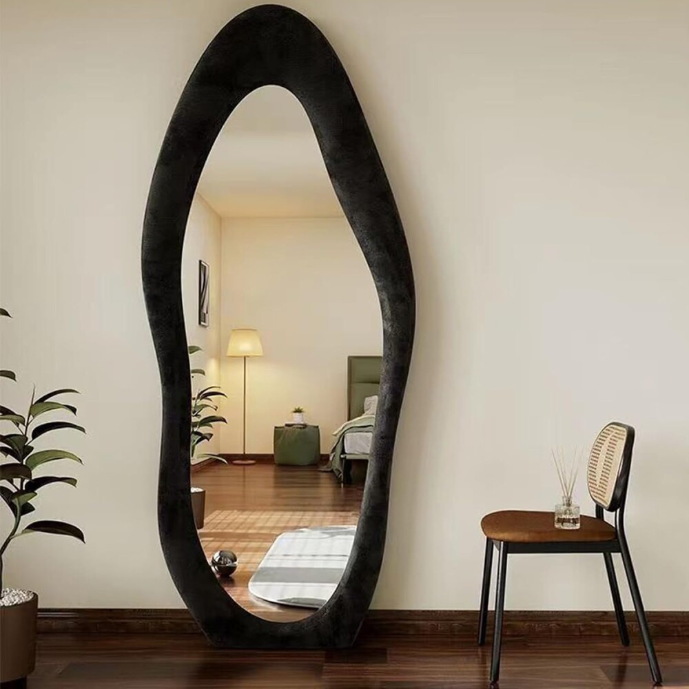 Espejo De Pie Irregular Terciopelo Acolchonado 1.60x0.60m Negro