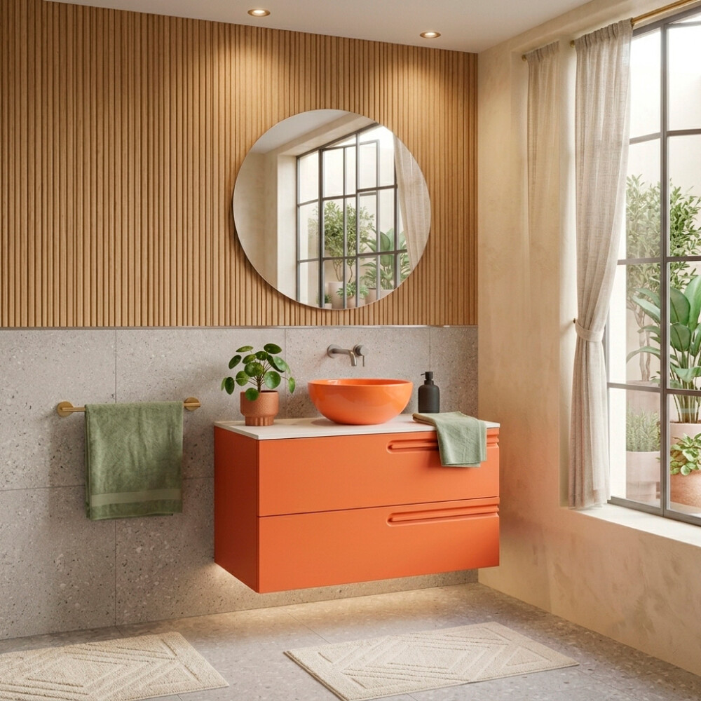 MUEBLE BAÑO SUSPENDIDO MODELO ECONIC 80 CM COLOR NARANJA C/ENCIMERA Mueble Baño Suspendido Modelo Econic 80 Cm Color Naranja C/encimera