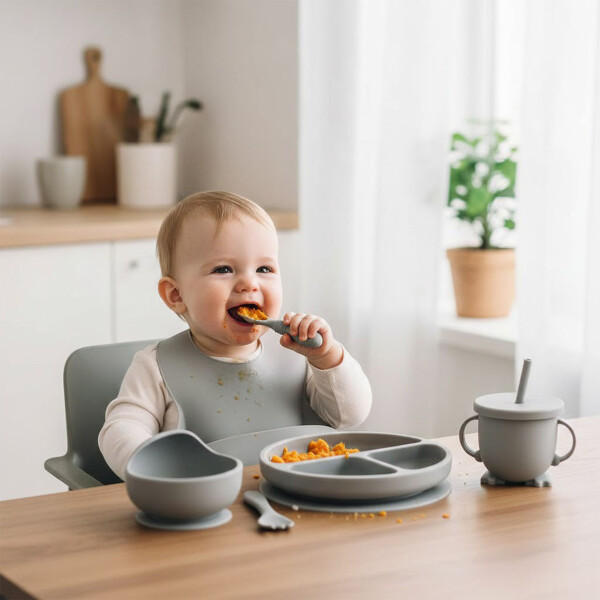 Set Alimentación Bebé Platos Silicona Libre Bpa 10 Piezas Color Gris