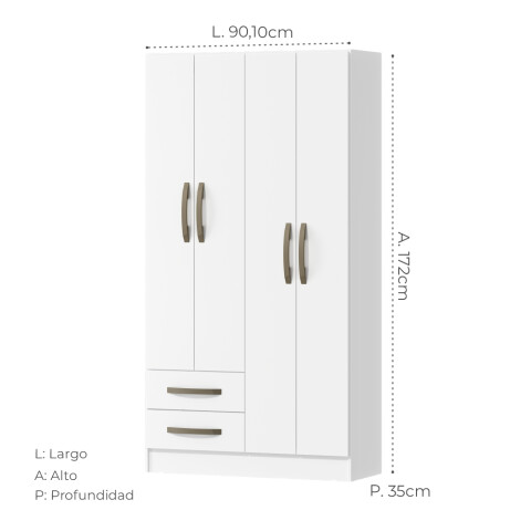 Ropero Blanco 4 puertas 2 cajones con estantes y perchero 172x90x35 cm Interior Natural Ropero Blanco 4 puertas 2 cajones con estantes y perchero 172x90x35 cm Interior Natural