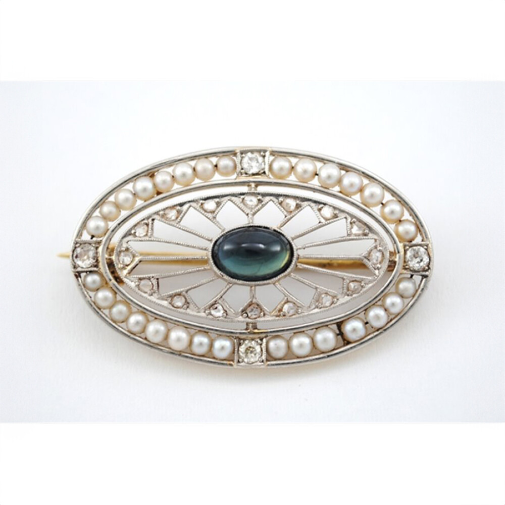 Antiguo Prendedor Oro 18K Con Brillantes, Zafiro Y Perlas Antiguo Prendedor Oro 18K Con Brillantes, Zafiro Y Perlas