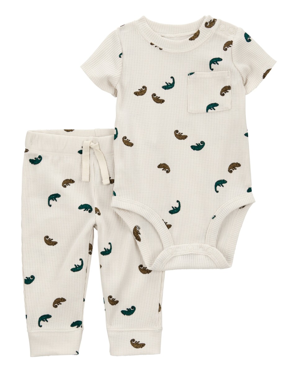 Set dos piezas de algodón térmico, pantalón y body, diseño camaleón 
