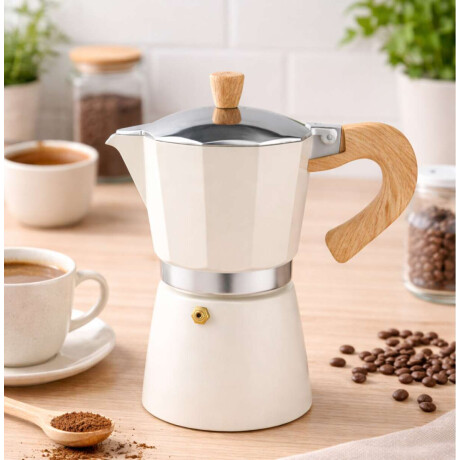 Cafetera italiana con mango simil madera 9 tazas Beige