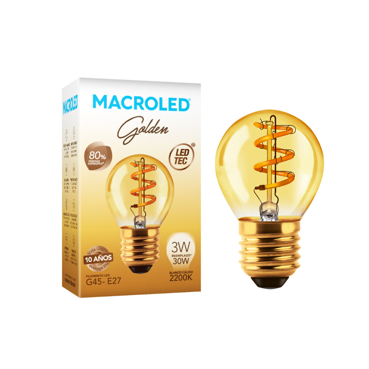 Lámpara G45 Filamento Golden 3W E27 Macroled 