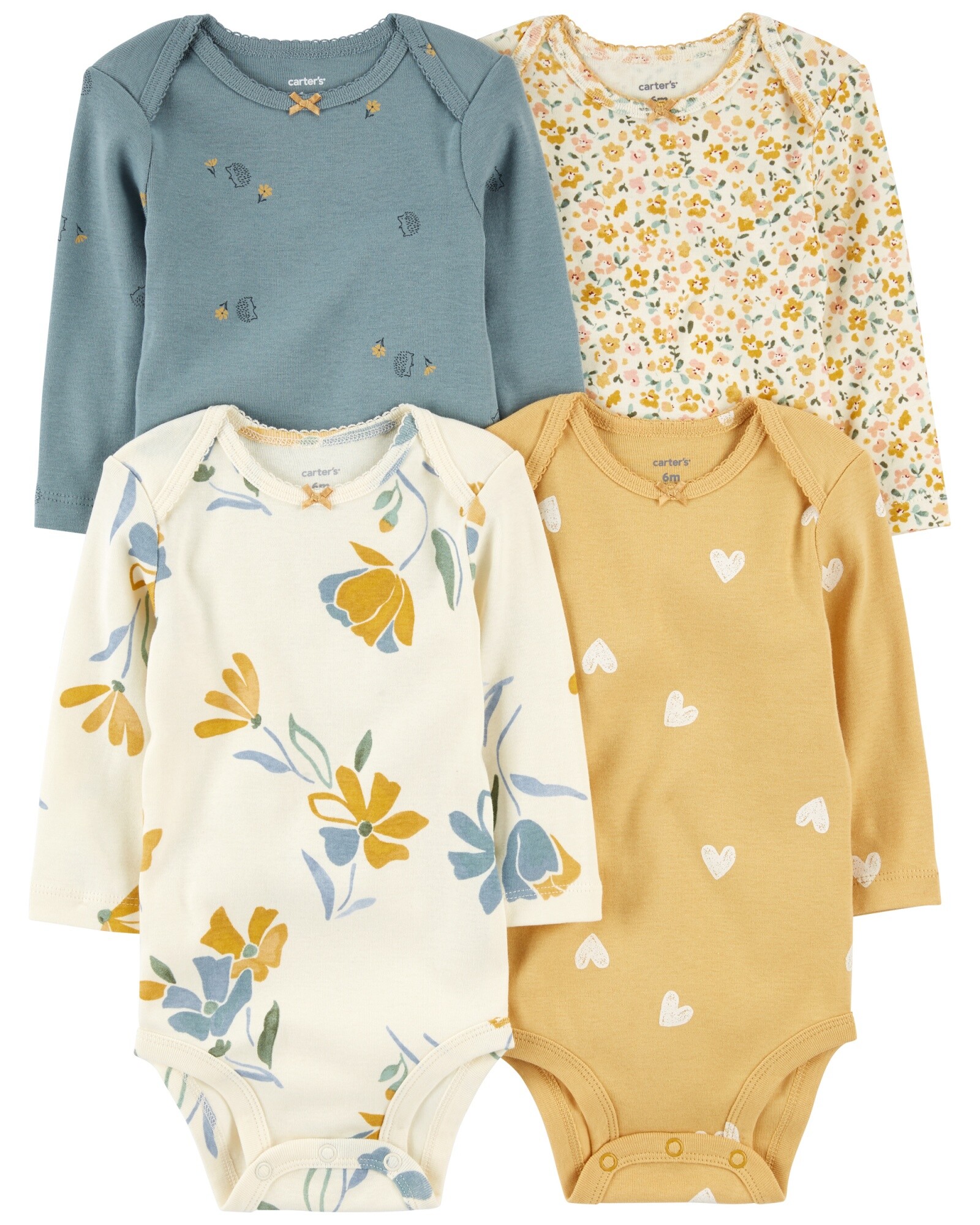 Pack cuatro bodies de algodón, manga larga, diseño floral Sin color