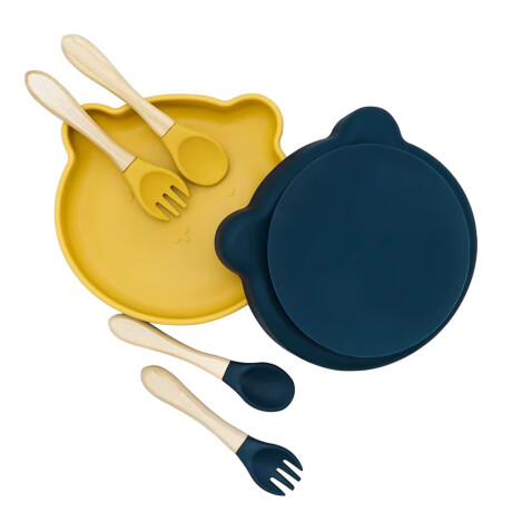 Set Comida Bebé Plato Cuchara Tenedor en Silicona Diseño Oso Azul Grisáceo