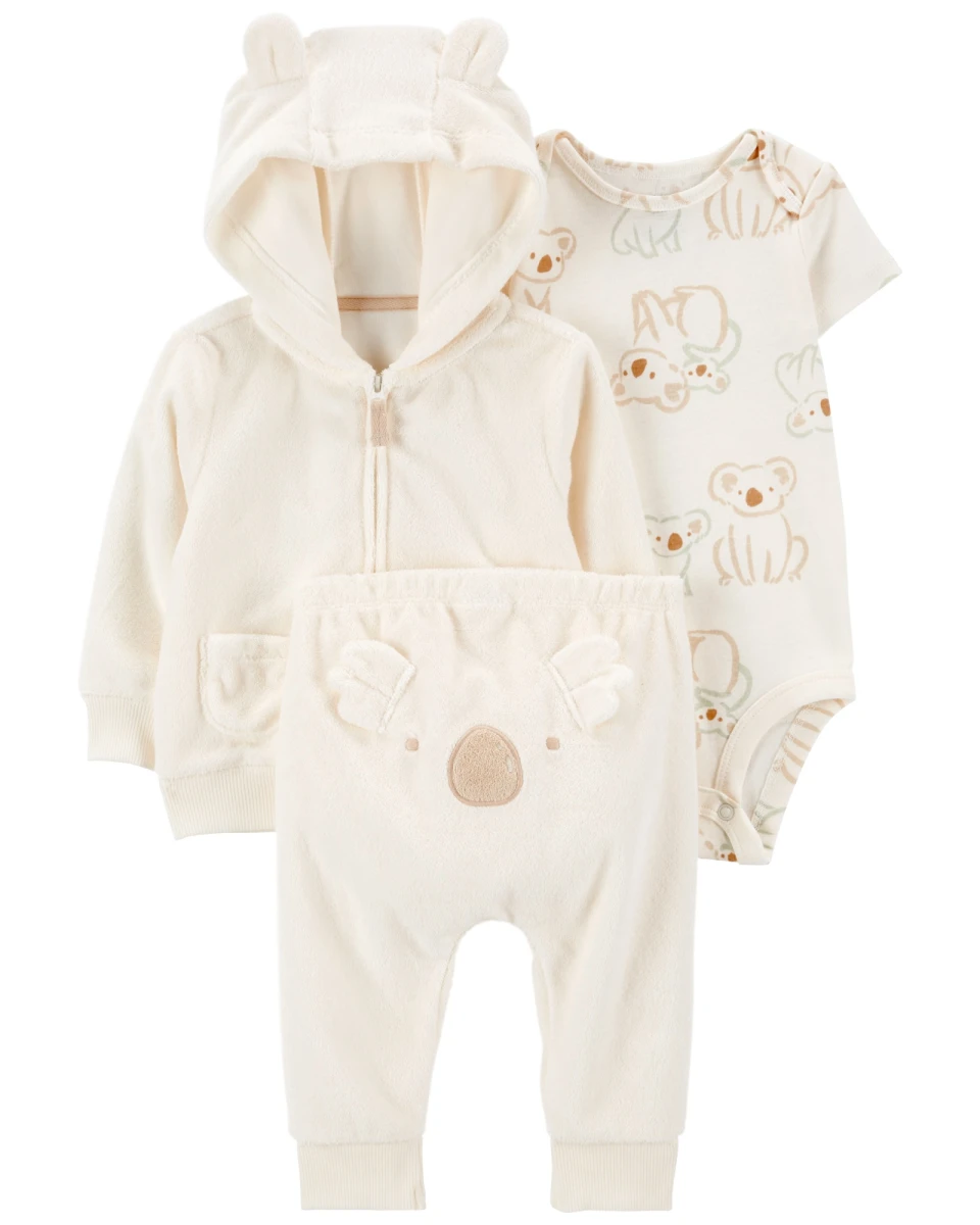Set tres piezas, campera y pantalón de algodón terry más body de algodón, diseño koala 