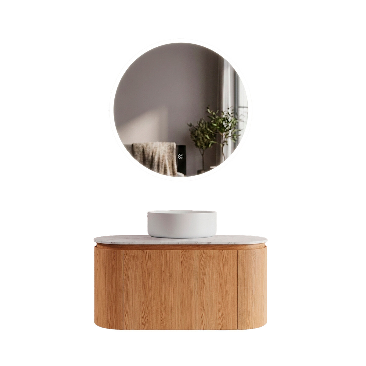 Conjunto De Baño Habitare De Madera Modelo 6044-80 / Mueble+bacha+espejo Redondo C/ Luz Led - 70 Cm 