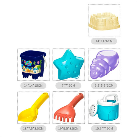 Set 7pcs Balde Playa + Pala + Rastrillo + Moldes Azul