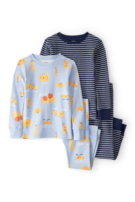 Pijama cuatro piezas de algodón, dos remeras manga larga y dos pantalones, diseño pasta Sin color