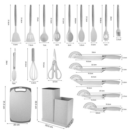 Set Cocina Menage 19Pz Utensillos Cuchillos Tabla c/Soporte Beige