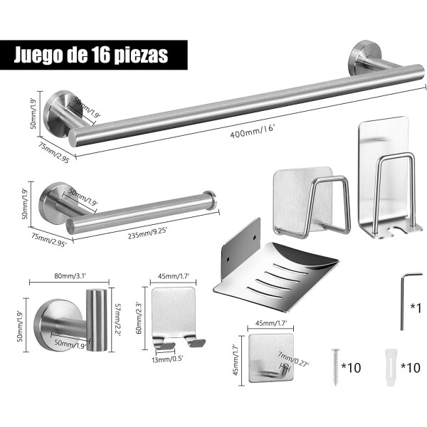 Set De Accesorios Para Baño Juego 16 Piezas Acero Inoxidable IMBACK Color Plateado Set De Accesorios Para Baño Juego 16 Piezas Acero Inoxidable IMBACK Color Plateado
