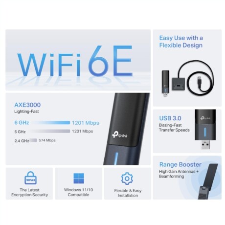 Adaptador De Red Inalámbrico TP-LINK Archer AXE3000 De Alta Ganancia Wi-Fi 6E Adaptador De Red Inalámbrico TP-LINK Archer AXE3000 De Alta Ganancia Wi-Fi 6E