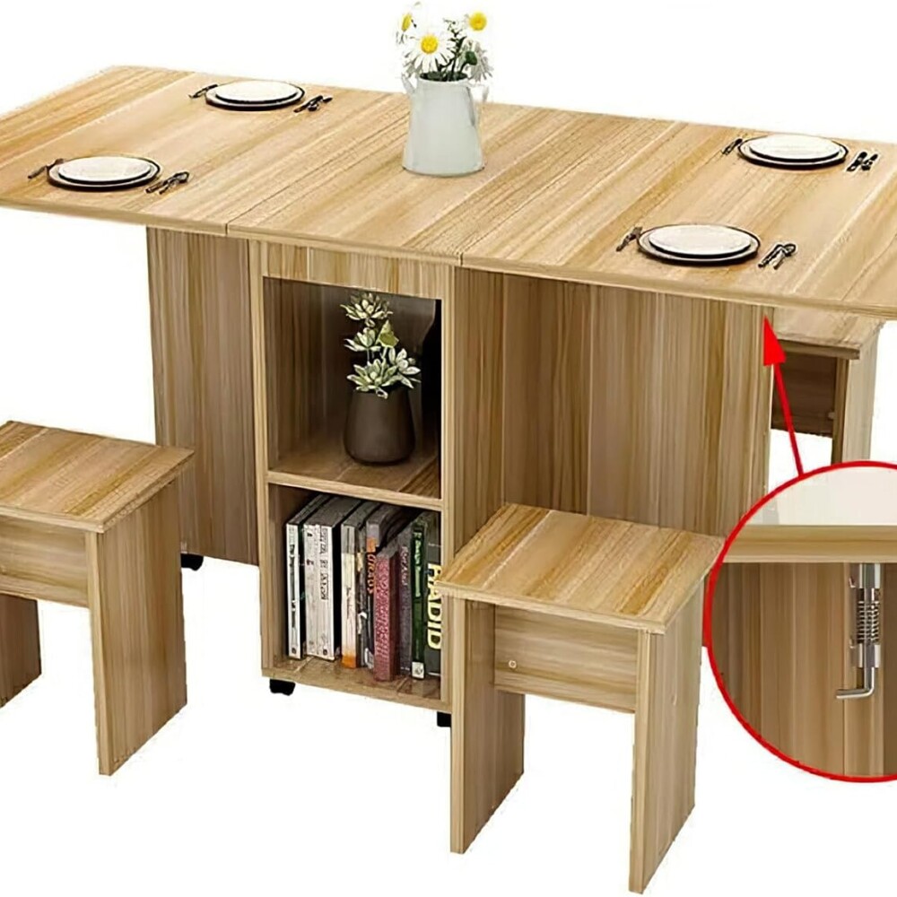 Mesa Plegable Giratoria Con 4 Bancos madera claro