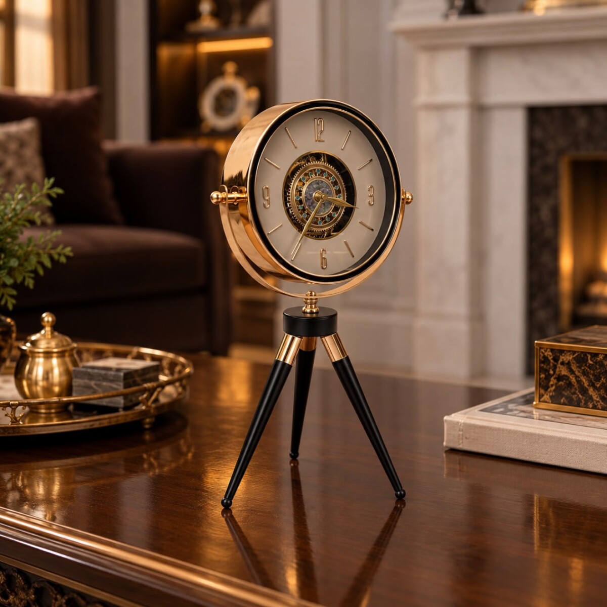 Reloj de Mesa Decorativo con Trípode Negro y Dorado 