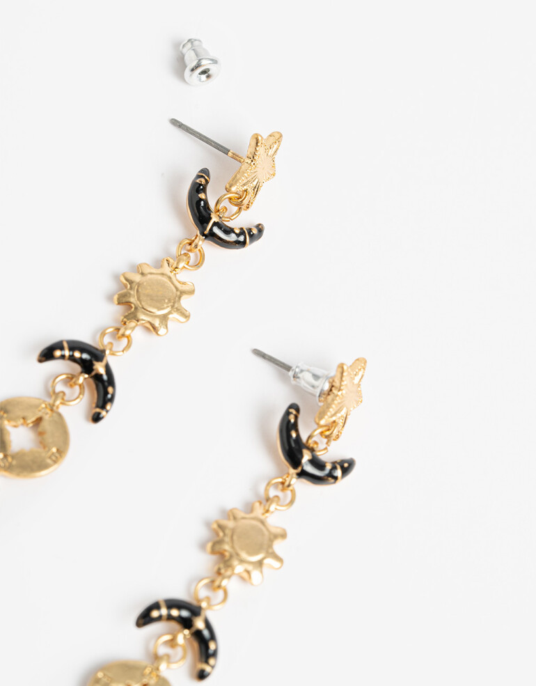 Aros Colgantes Largos Metal Aros Largos Dijes Sol Y Luna - Dorado Oro Amarillo