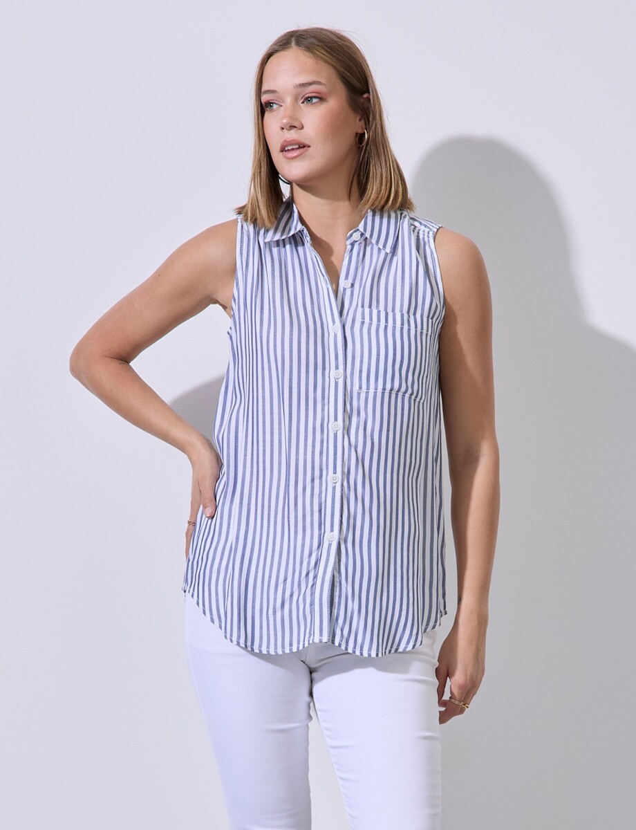 Camisa Bolsillo Lineas - Blanco/azul 