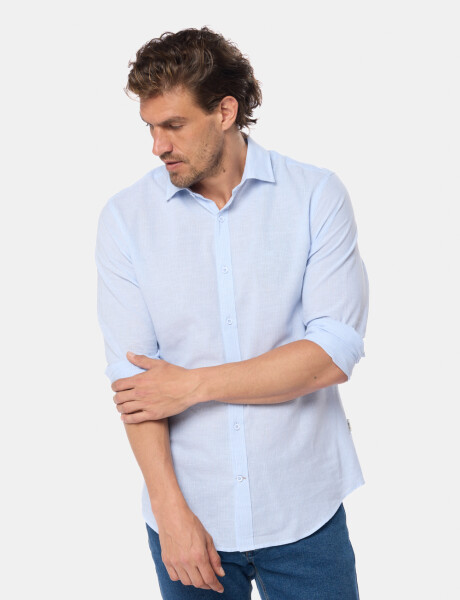 CAMISA DE LINO RAYADA Celeste