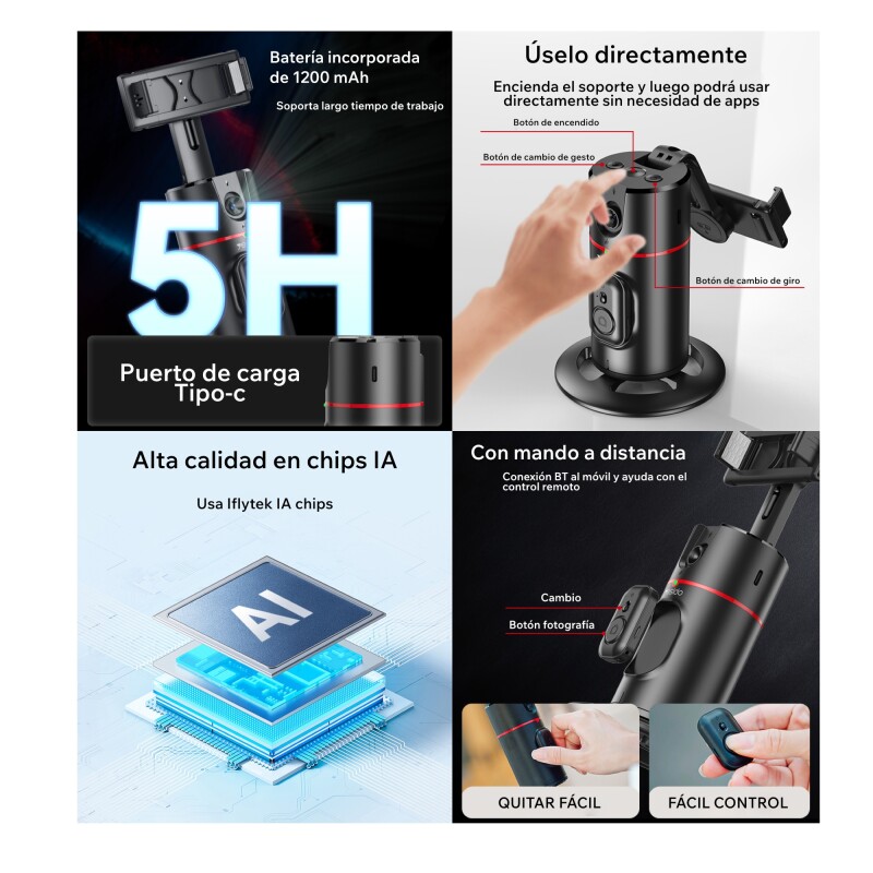 Soporte teléfono seguimiento Facial/Cuerpo IA automático 360° clip Sin Color