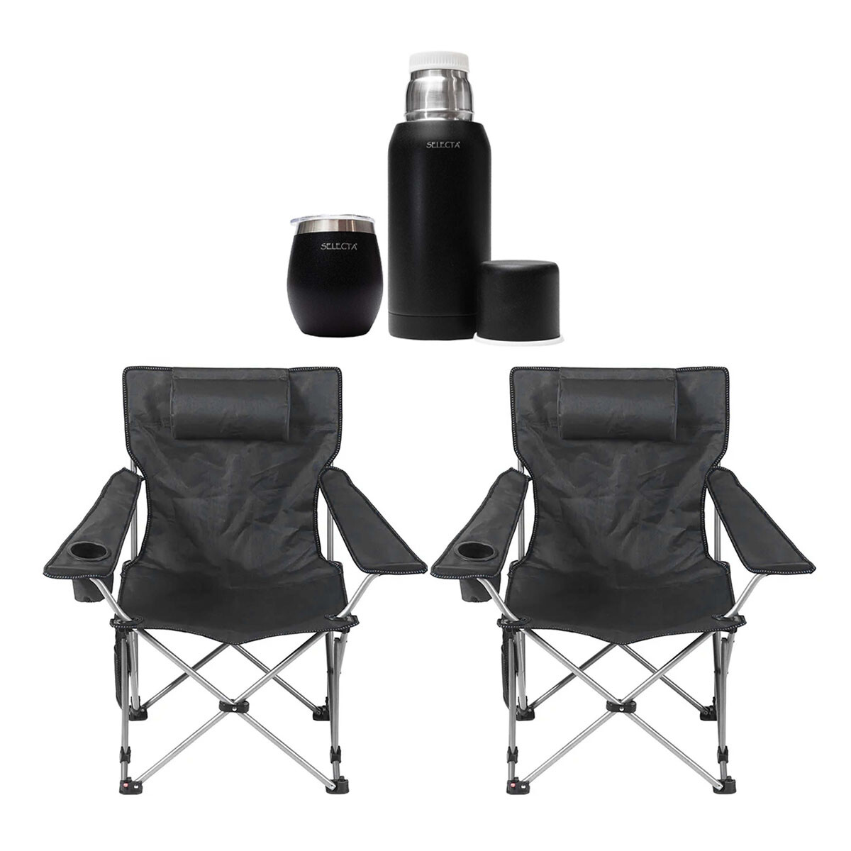 Set Camping 2 Sillas Tela Plegable + Termo Bala 750ml + Mate - Negro 