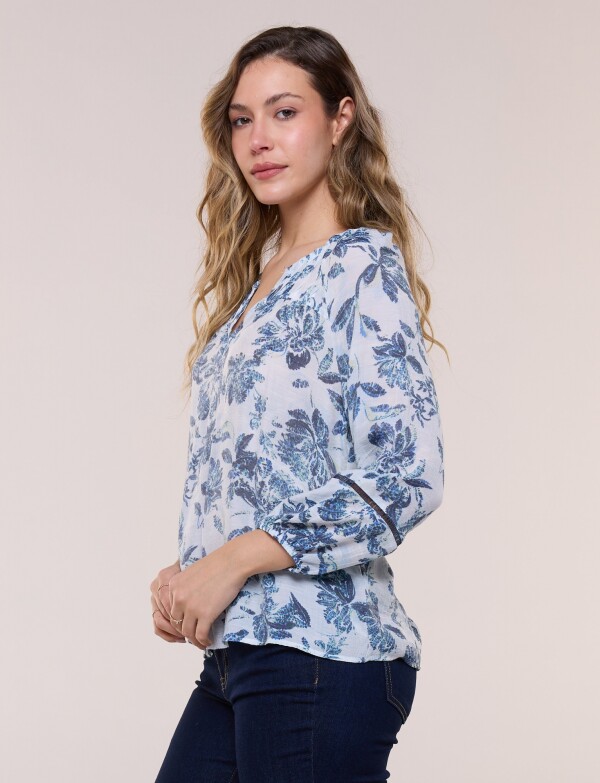 Blusa Con Detalles De Puntilla BLANCO/AZUL