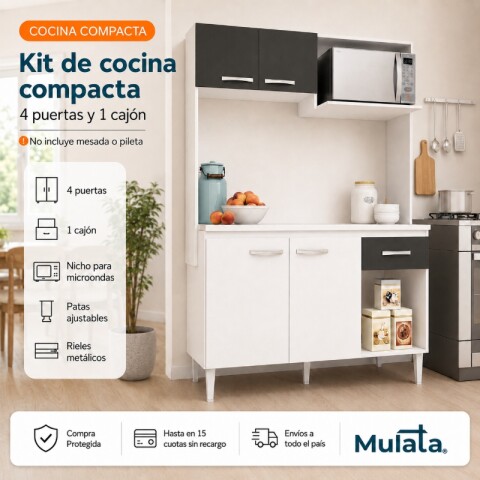 Kit de cocina compacta 4 puertas 1 cajón Patas Ajustables y Rieles Metálicos 122 x 52 x 187cm - Blanco / Grafito Kit de cocina compacta 4 puertas 1 cajón Patas Ajustables y Rieles Metálicos 122 x 52 x 187cm - Blanco / Grafito