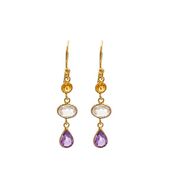 Caravanas Luisa - Plata rodinada con micra oro 18k-Piedra citrino, amatista, cuarzo rosa-CA2010 Conpiedra