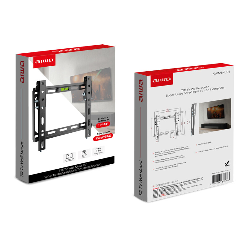 Soporte TV de pared AIWA Inclinable Pantallas de 13 a 43" hasta 45kg compatible con VESA | AWMML2T Soporte TV de pared AIWA Inclinable Pantallas de 13 a 43" hasta 45kg compatible con VESA | AWMML2T