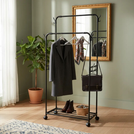 Perchero Armario Doble Barral Zapatera Ganchos Laterales Negro