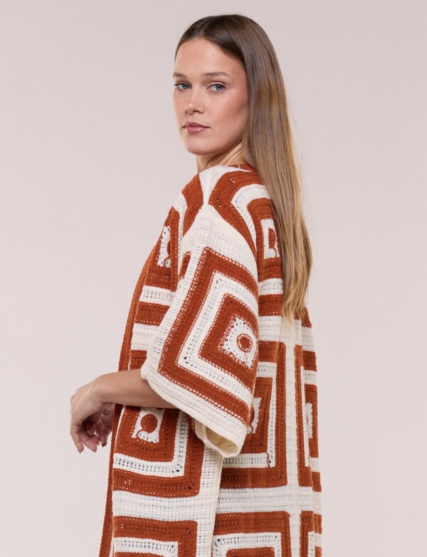 Cardigan Largo Crochet Mangas Kimono TERRACOTA