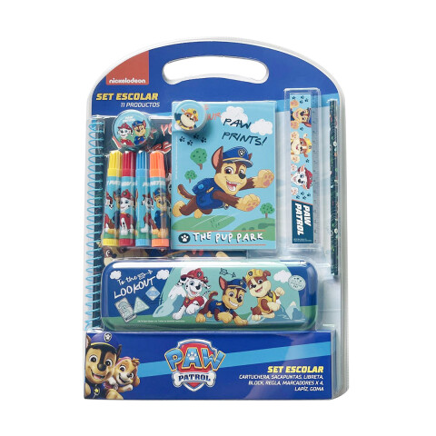 Set Escolar x 8 Paw Patrol: Cartuchera, sacapuntas, libretas, block, regla, marcadores, lápiz y goma CELESTE