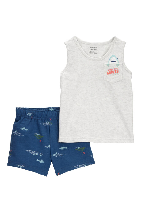 Set dos piezas de algodón, short y musculosa, diseño tiburón Sin color