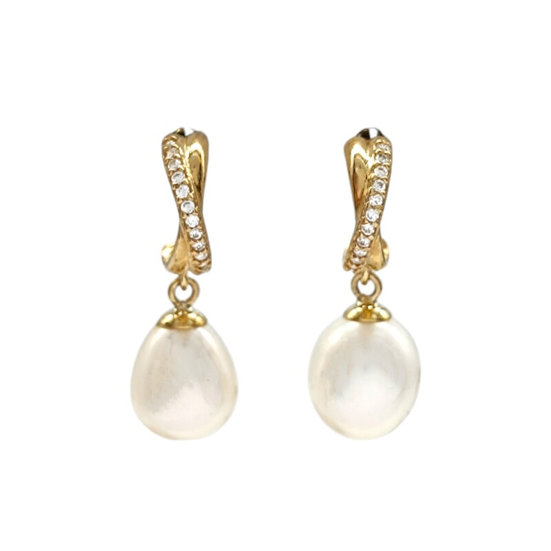 Caravanas cruz Perlas y Zirconias - Oro bajo - Perla de río- CA8219 conperla