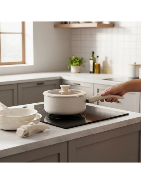 JUEGO BATERIA 5 PIEZAS MANGO DESMONTABLE CERAMICO CREMA APTO INDUCCION JUEGO BATERIA 5 PIEZAS MANGO DESMONTABLE CERAMICO CREMA APTO INDUCCION