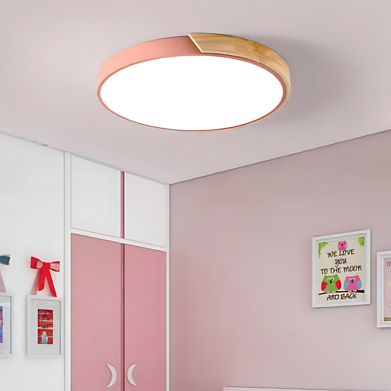 Luminaria Plafon Led Diám 30cm Metal Y Madera Luz cálida Rosa