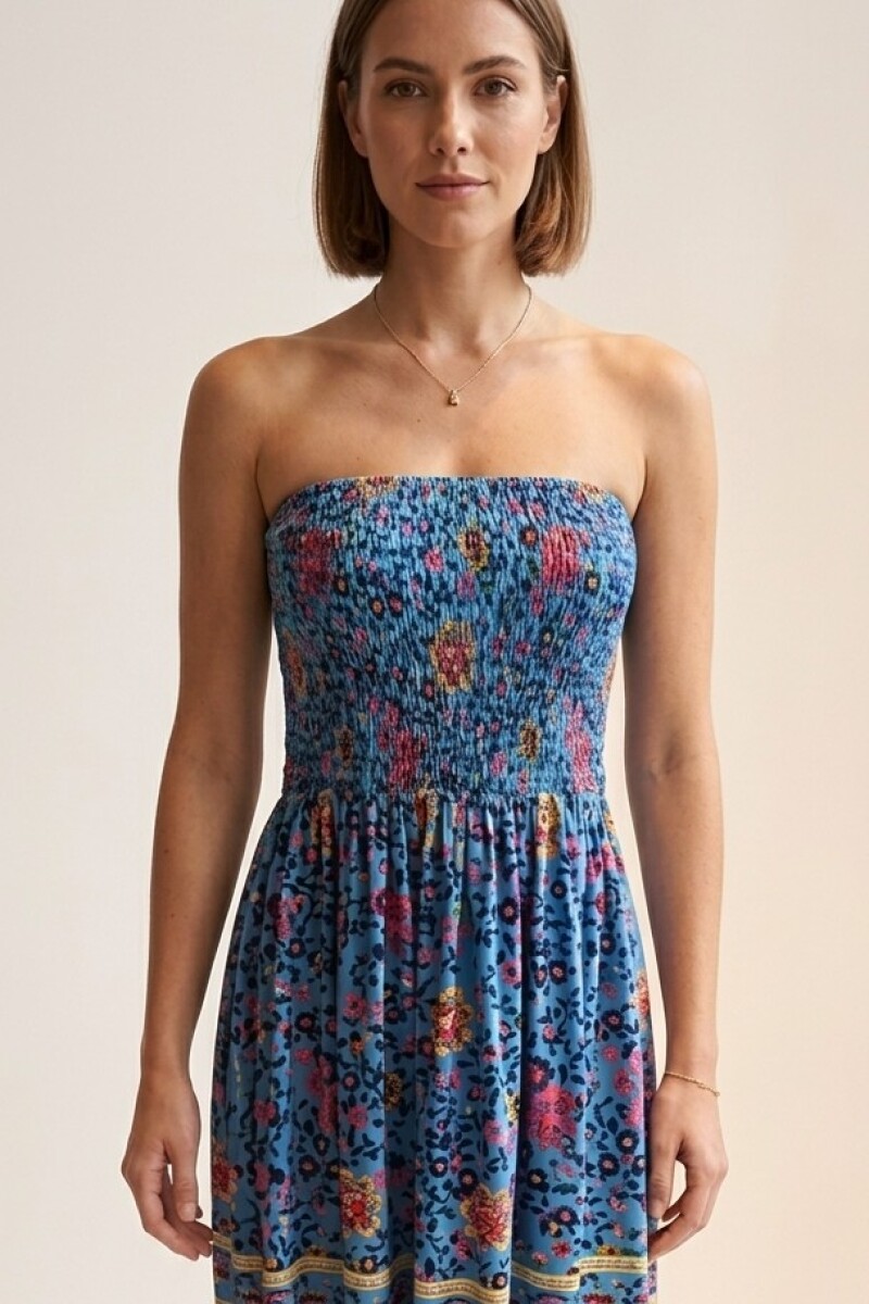 VESTIDO STRAPLESS AZUL ESTAMPADO