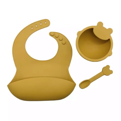 Set de Comida p/ Bebé con Babero Bowl y Cuchara de Silicona Mostaza