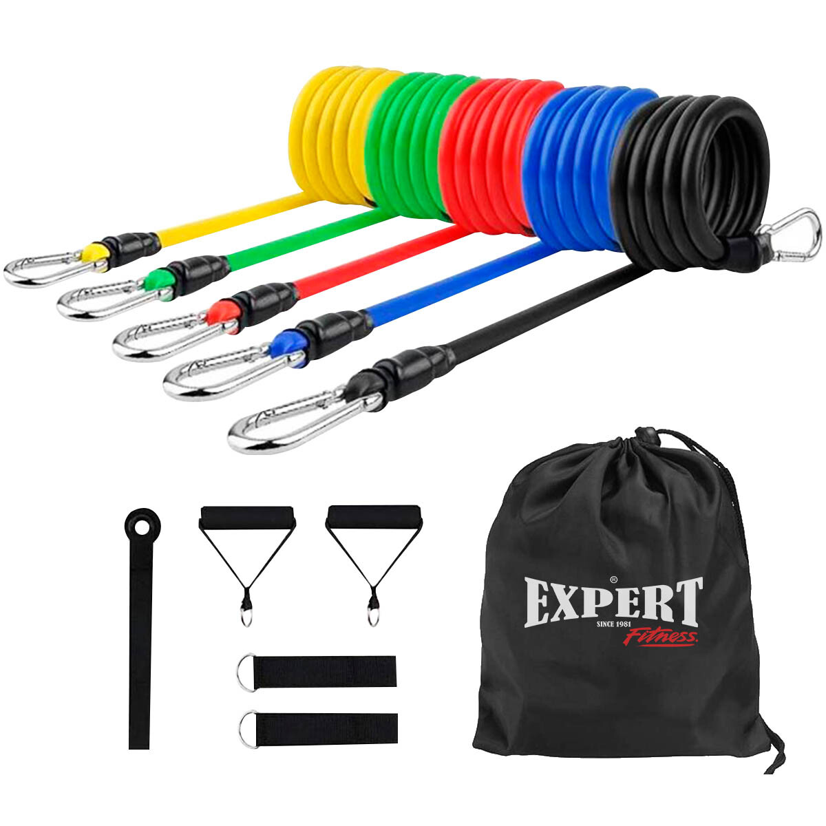 Set 5 Bandas Elástica Resistencia + Bolso +2 Handgrip 