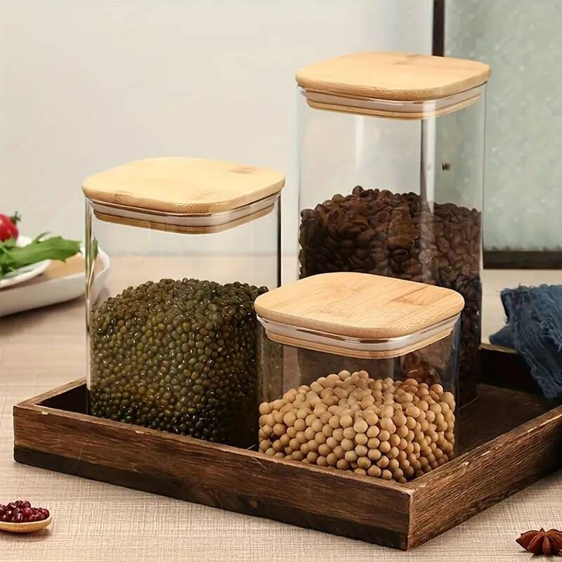 Contenedor de vidrio rectangular tapa madera 900ml