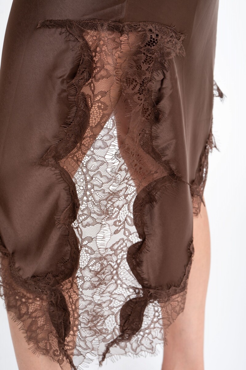 Vestido Midi Satinado Con Encaje Chocolate