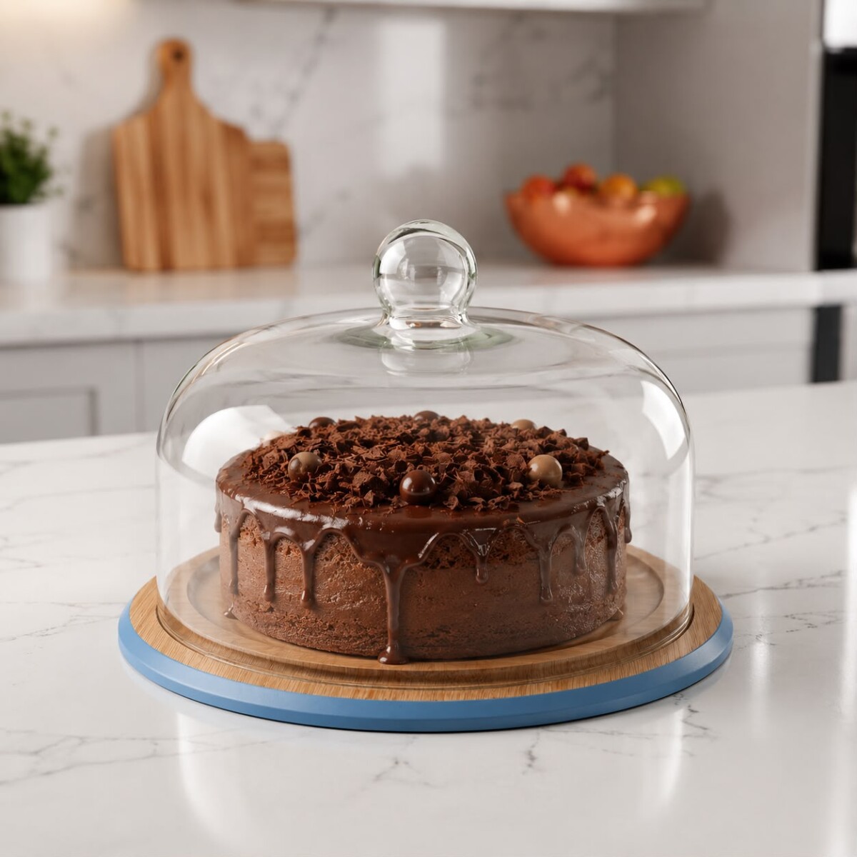 Plato Torta Bambú C/Tapa De Vidrio Alto 20cm x Ø 30cm - Celeste 