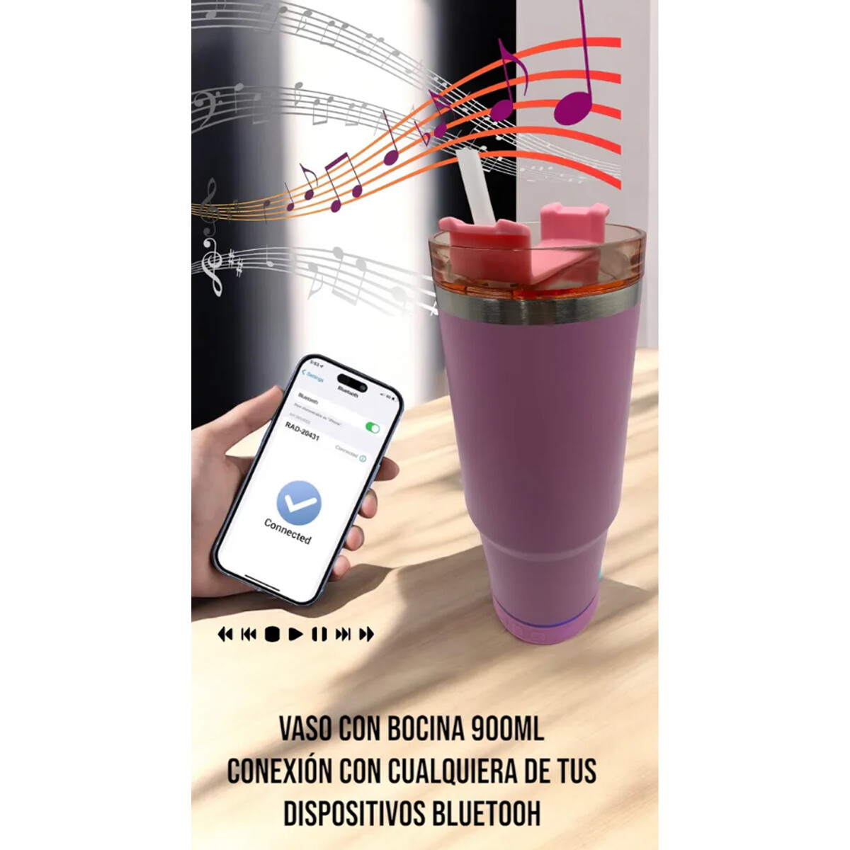 Vaso Termico de 600ml Con Parlante - Rosa 