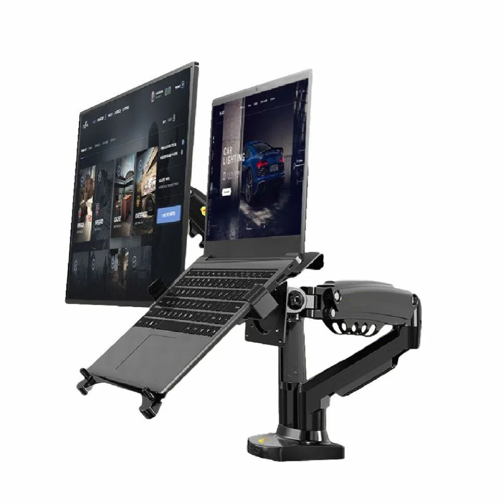 Soporte Doble para Monitor de 17" a 30" + Bandeja Soporte Notebook Sistema a Gas Soporte Doble para Monitor de 17" a 30" + Bandeja Soporte Notebook Sistema a Gas