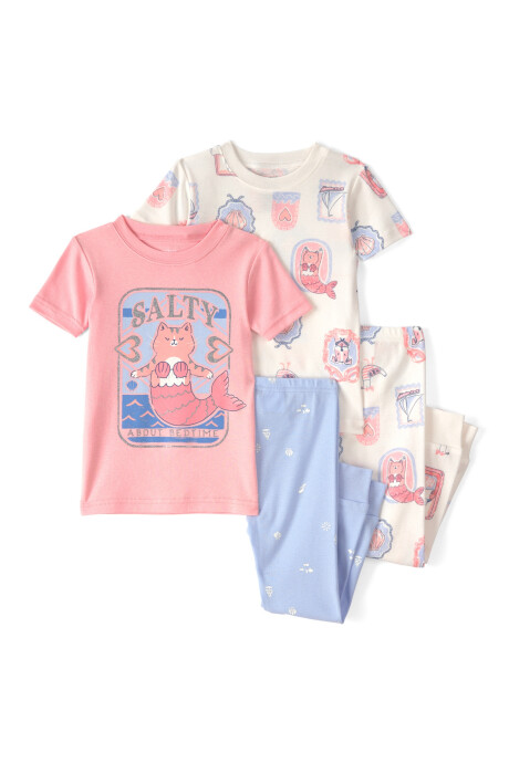 Pijama cuatro piezas de algodón, diseño gatita sirena. Talles 12-24M Pijama cuatro piezas de algodón, diseño gatita sirena. Talles 12-24M