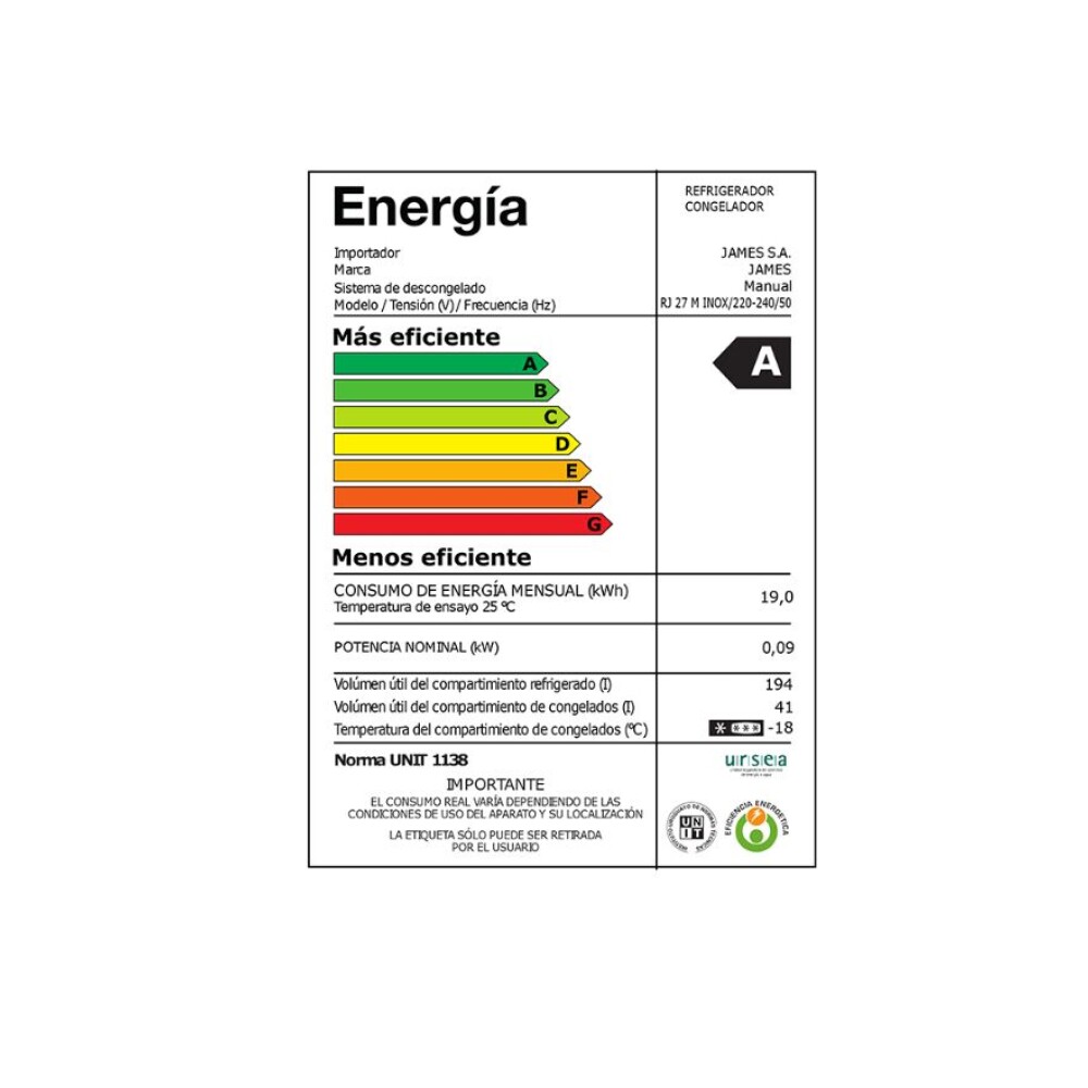 Heladera Inox - RJ 27 MB - James Heladera Inox - RJ 27 MB - James
